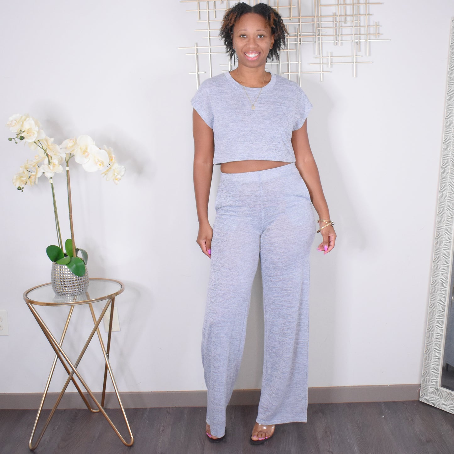 Finding Comfort | Crop Top & Wide Leg Pant Set -Gray