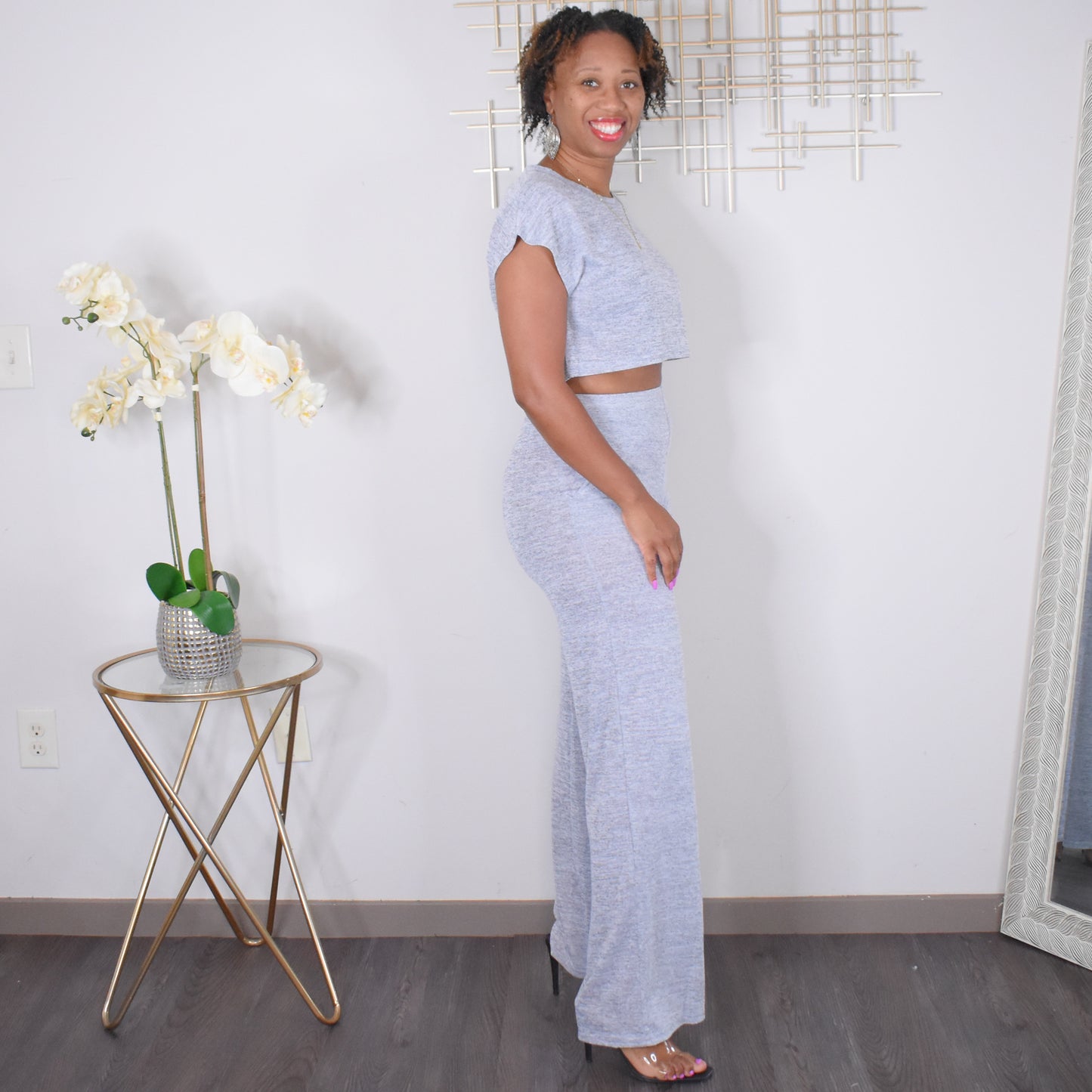 Finding Comfort | Crop Top & Wide Leg Pant Set -Gray