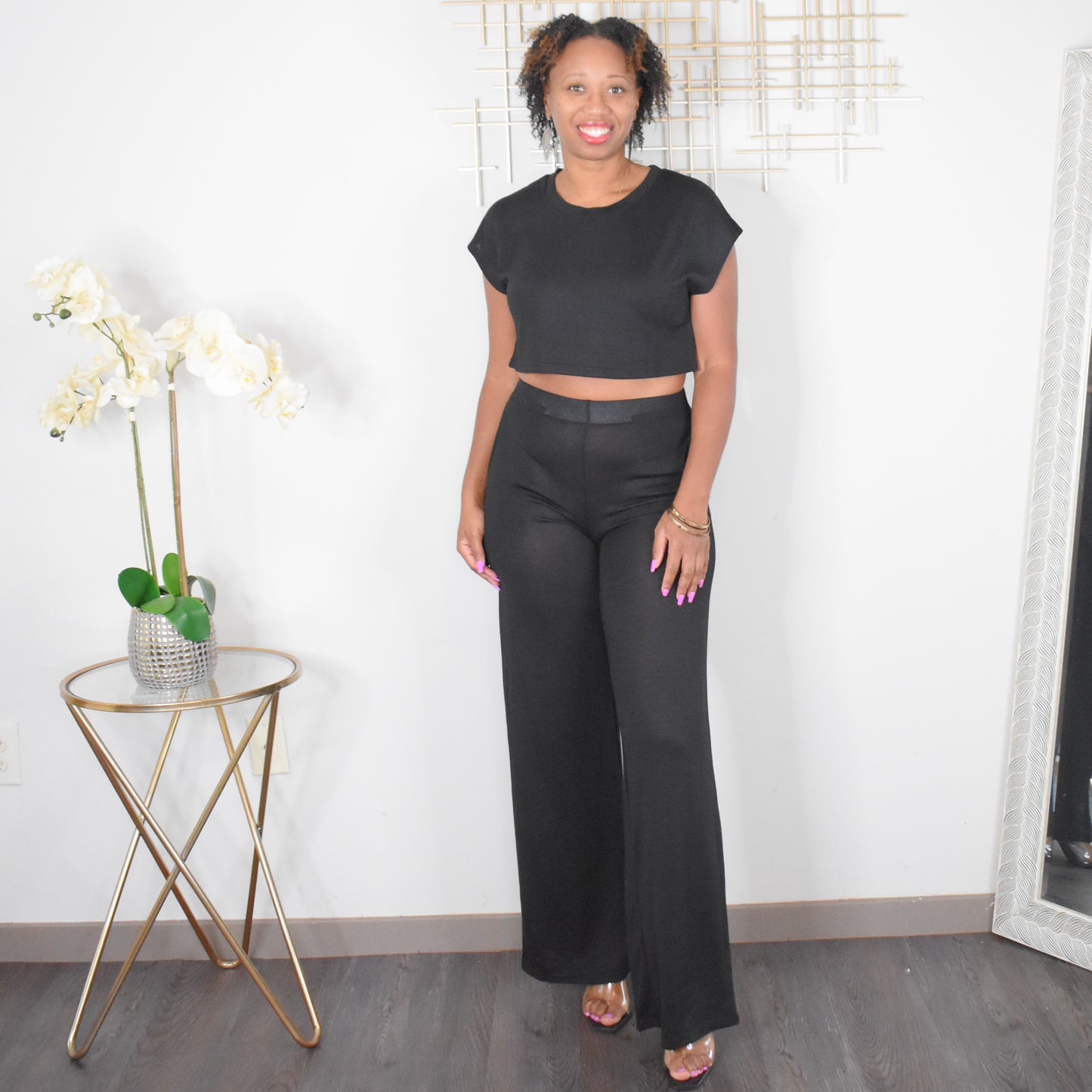 Finding Comfort | Crop Top & Wide Leg Pant Set - Black