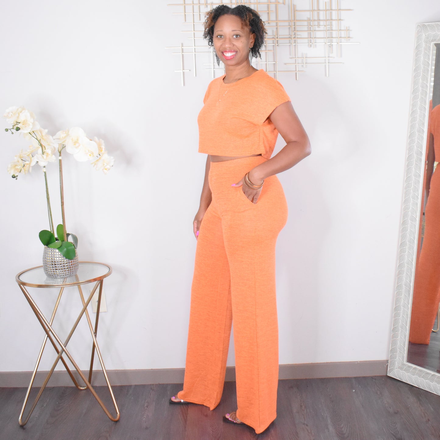 Finding Comfort | Crop Top & Wide Leg Pant Set -Orange