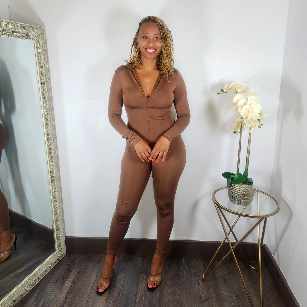 Body Me | Mock Neck Bodycon Jumpsuit - Brown