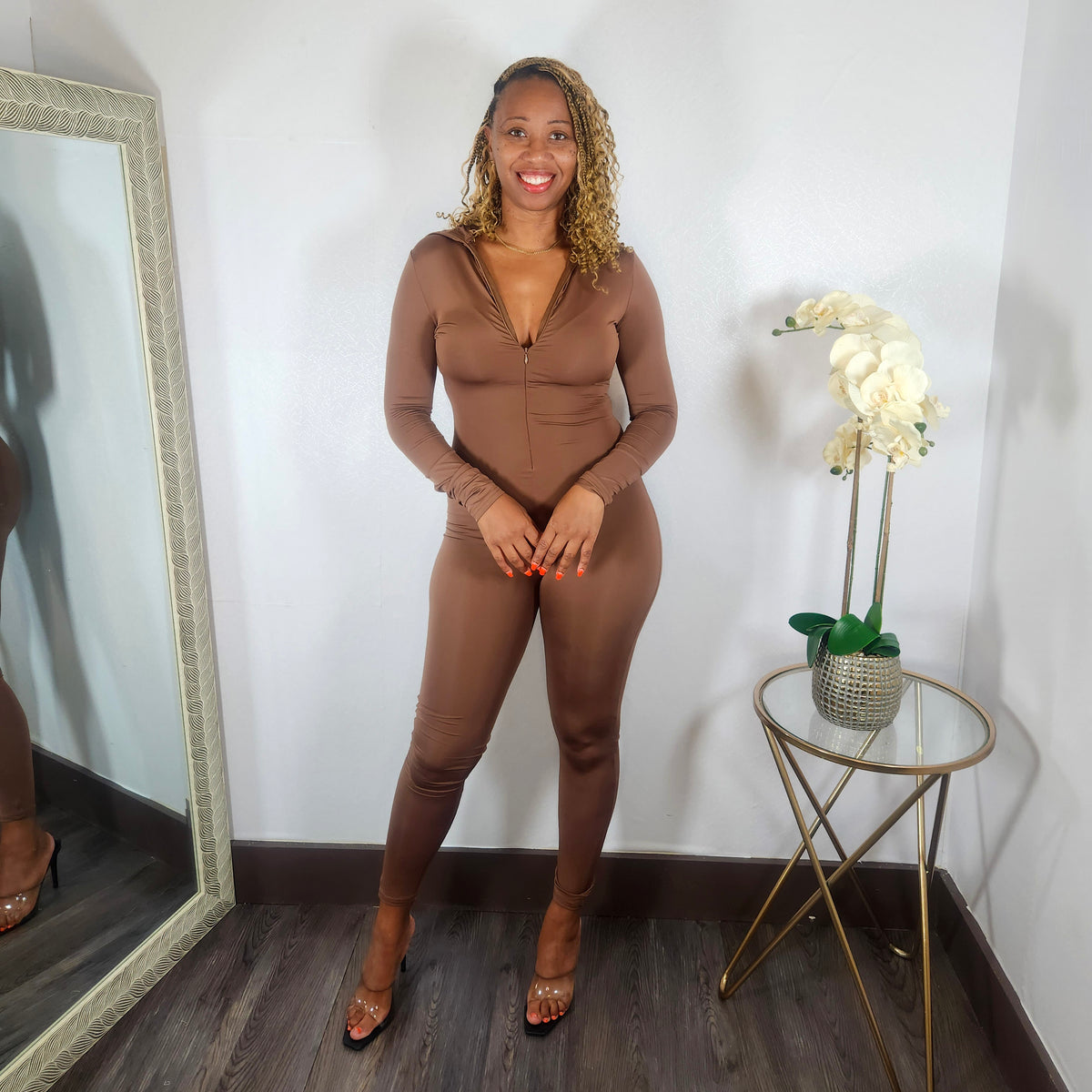 Body Me | Mock Neck Bodycon Jumpsuit - Brown
