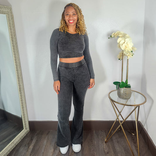 Here Me Out | Mineral Wash Crop Top And Flare Pant Set - Black