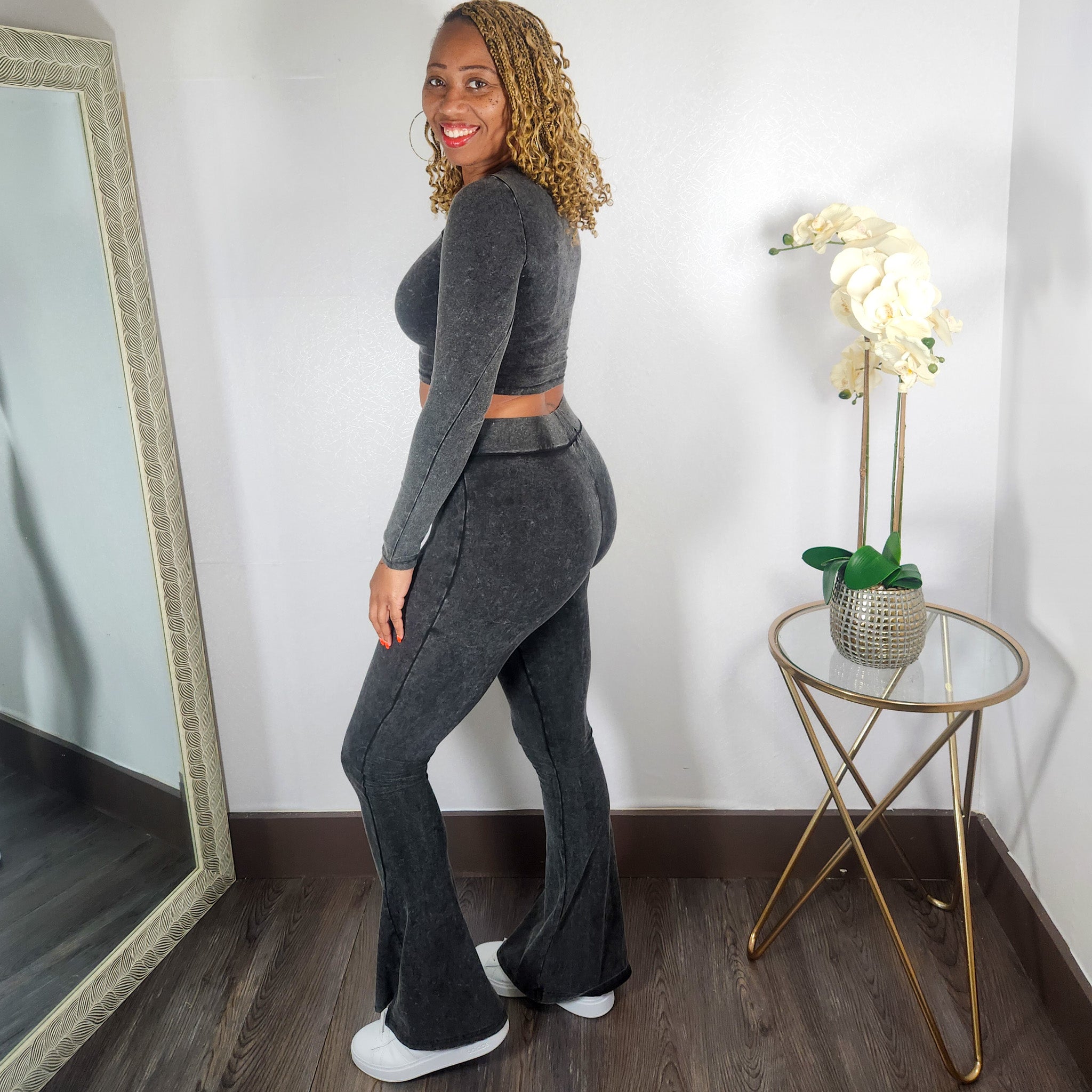 Here Me Out | Mineral Wash Crop Top And Flare Pant Set - Black