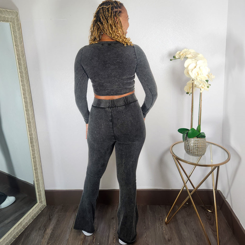 Here Me Out | Mineral Wash Crop Top And Flare Pant Set - Black