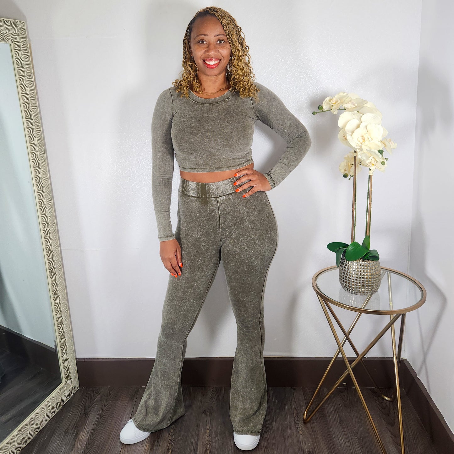 Here Me Out | Mineral Wash Crop Top And Flare Pant Set - Olive