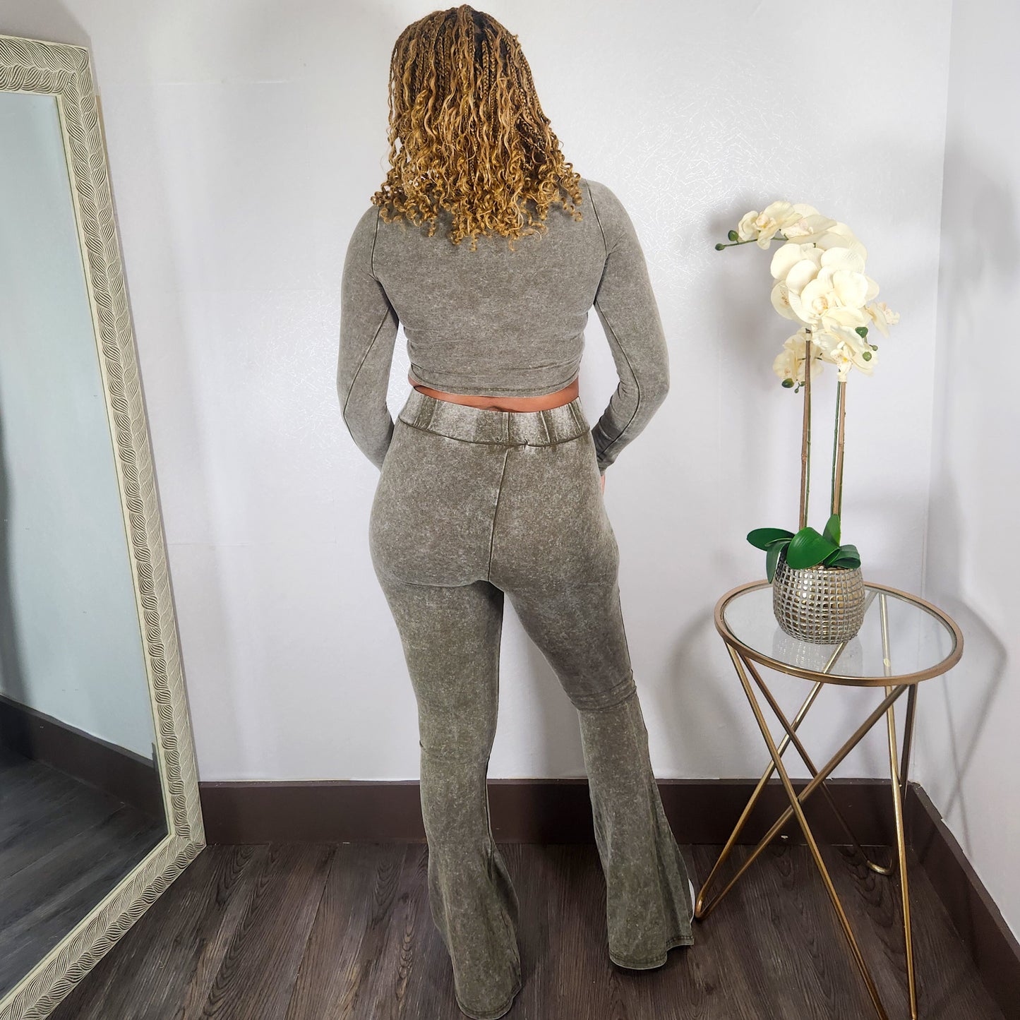 Here Me Out | Mineral Wash Crop Top And Flare Pant Set - Olive