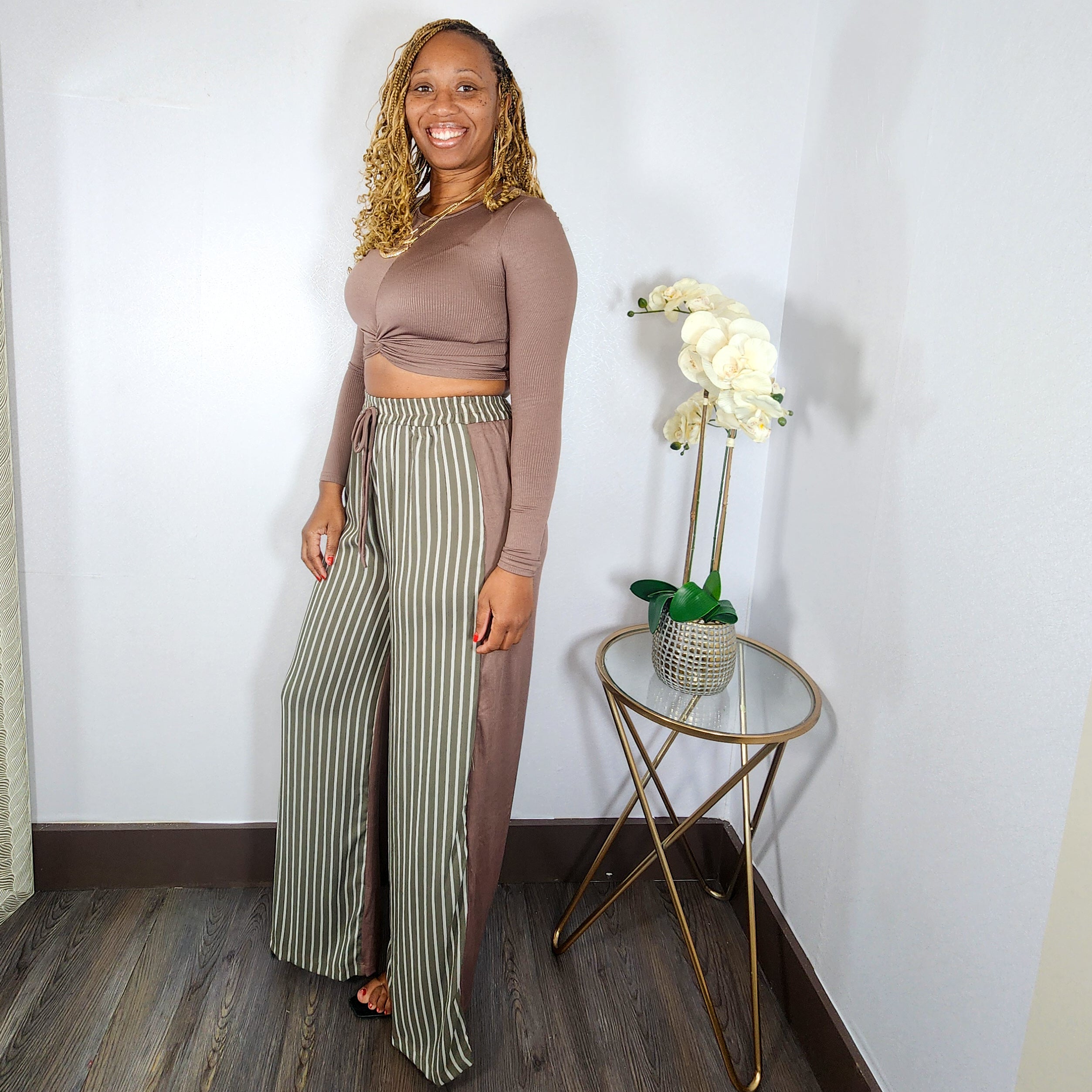 Twisted  | Mid Top & Striped Linen Pant Set - Brown