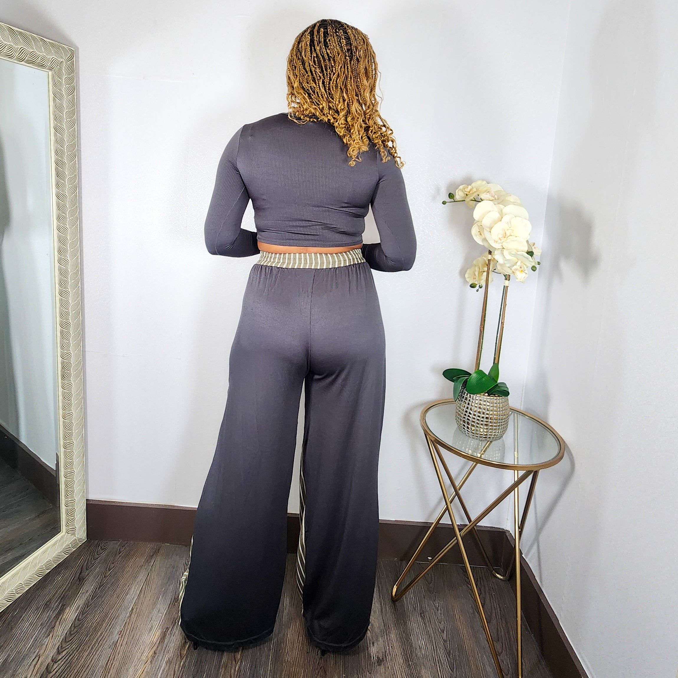Twisted  | Mid Top & Striped Linen Pant Set - Charcoal