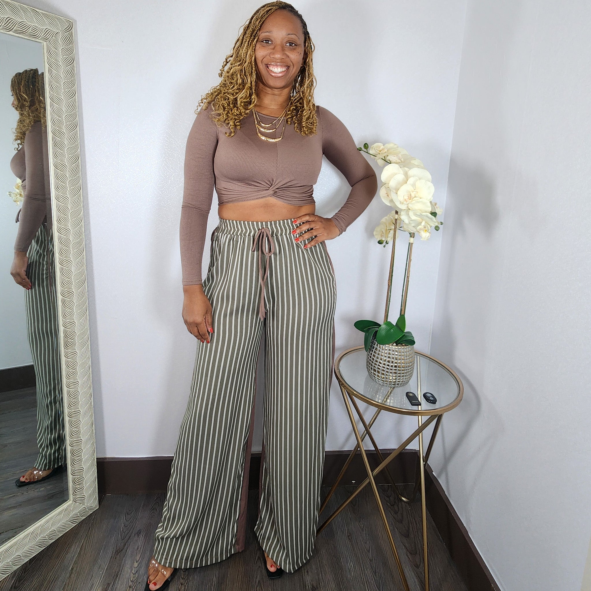 Twisted  | Mid Top & Striped Linen Pant Set - Brown