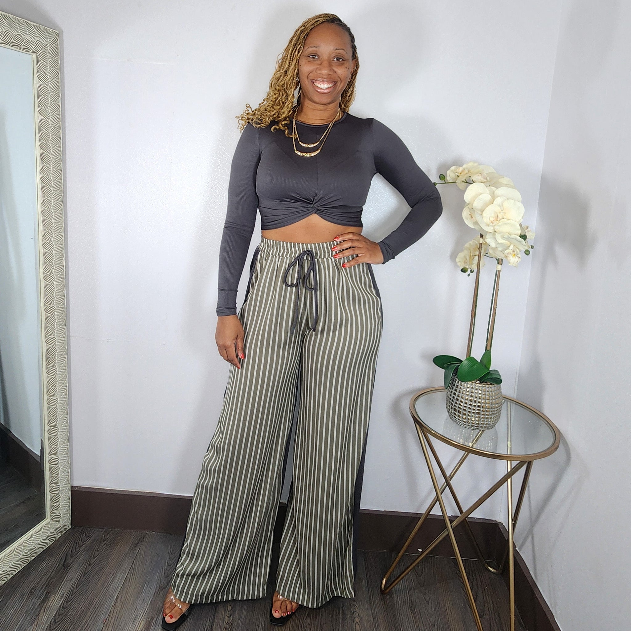 Twisted  | Mid Top & Striped Linen Pant Set - Charcoal