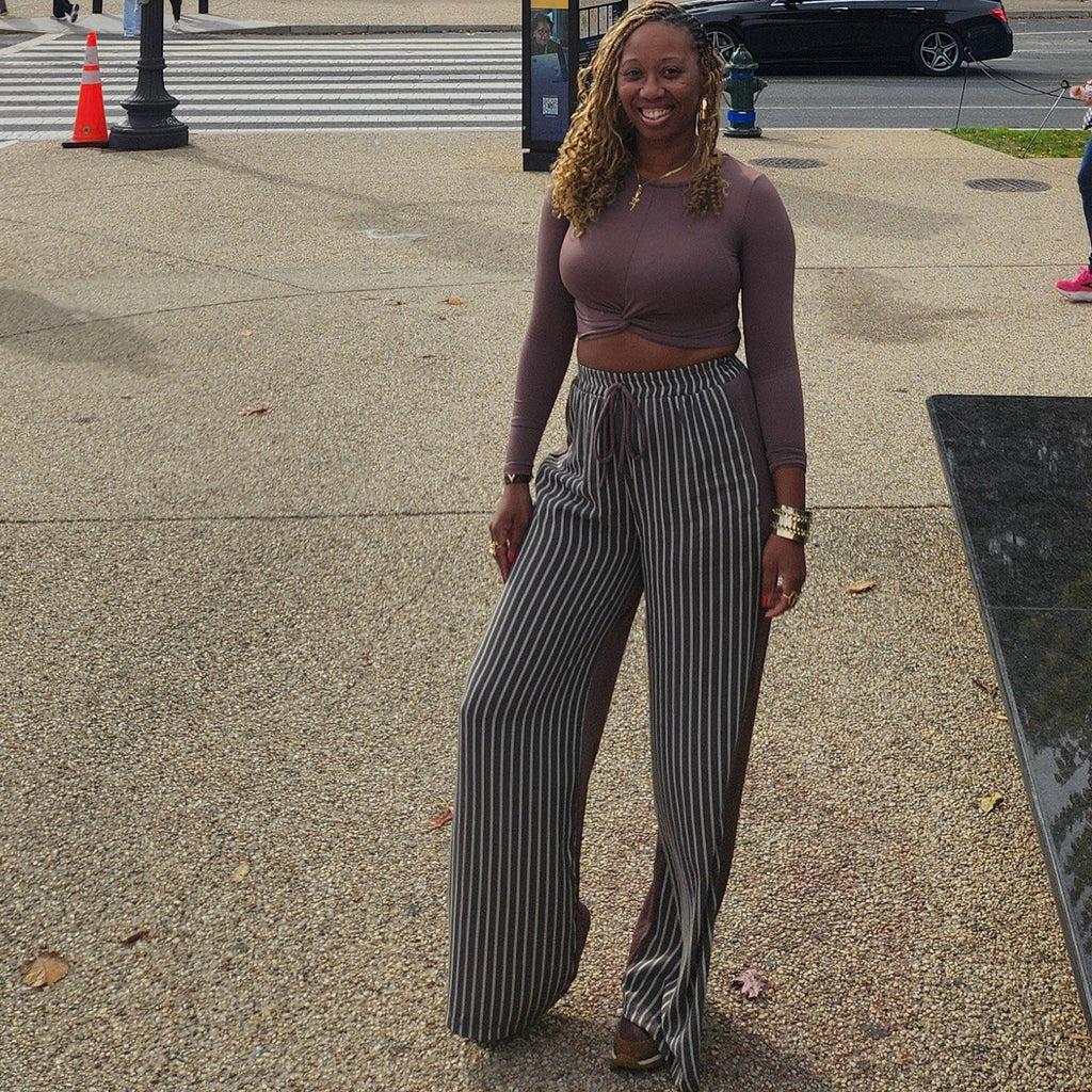 Twisted  | Mid Top & Striped Linen Pant Set - Brown