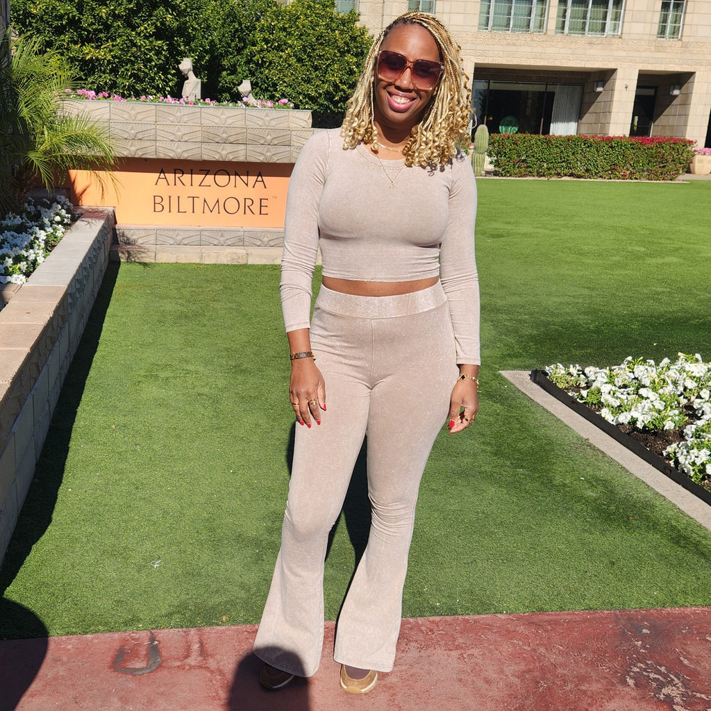 Here Me Out | Mineral Wash Crop Top And Flare Pant Set - Beige