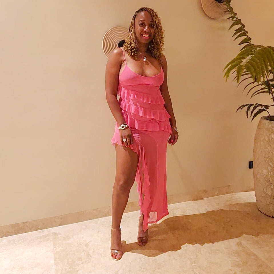 Pretty Pressure | Ruffle Sheer Midi Dress – Pink