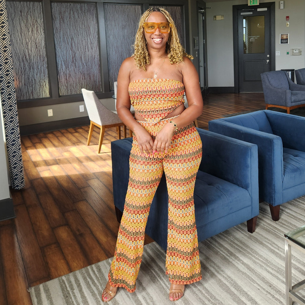 Sunset Energy | Crochet Curve Hem Pant Set – Rust