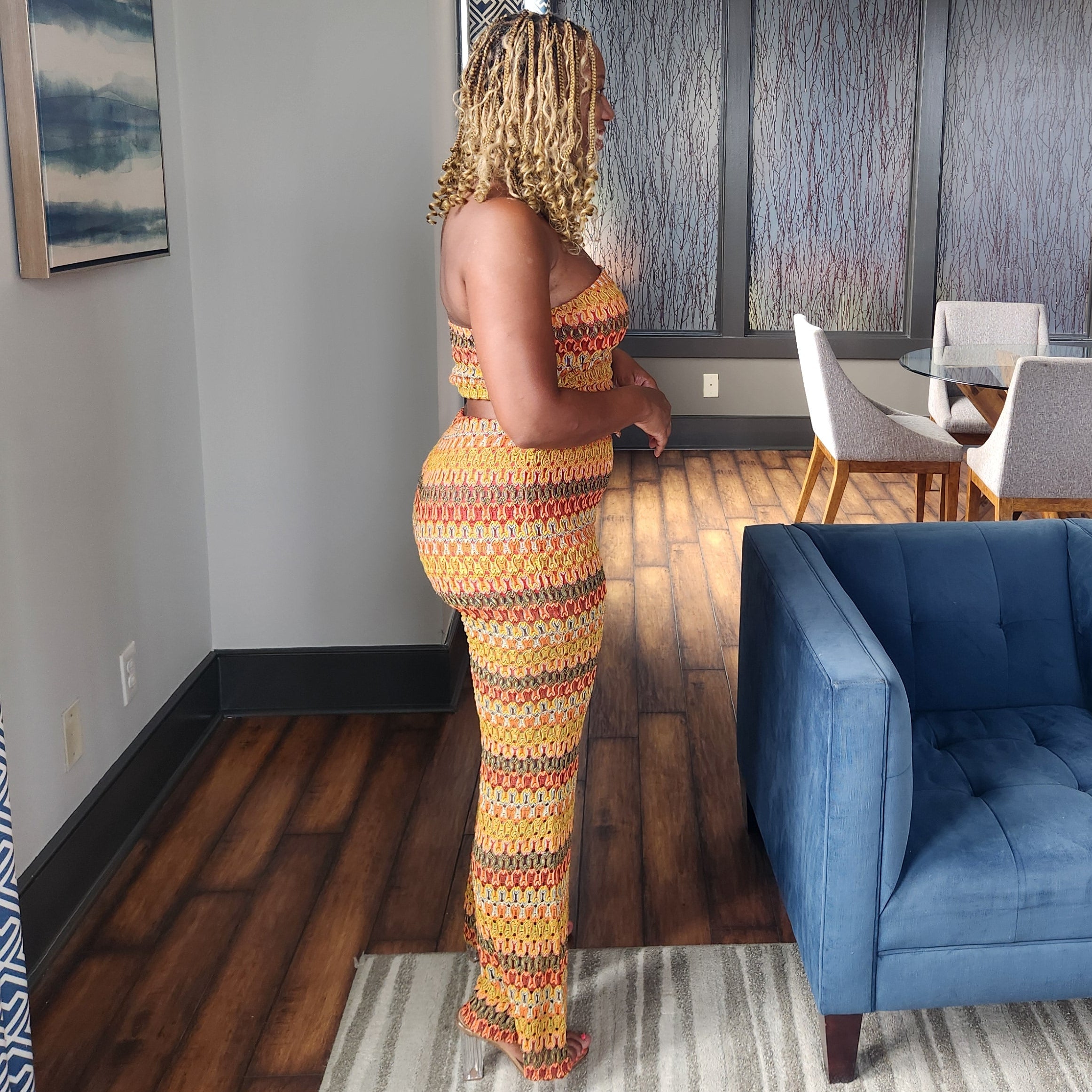 Sunset Energy | Crochet Curve Hem Pant Set – Rust