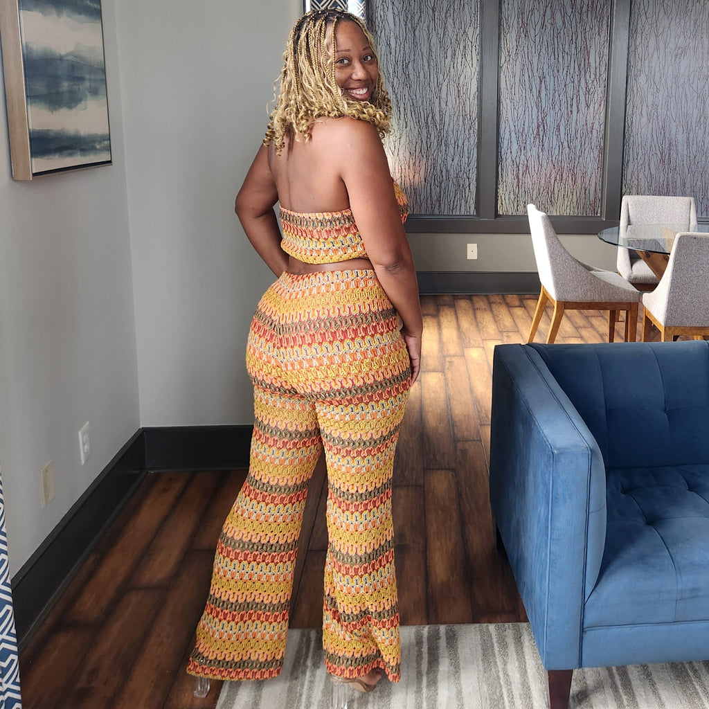 Sunset Energy | Crochet Curve Hem Pant Set – Rust