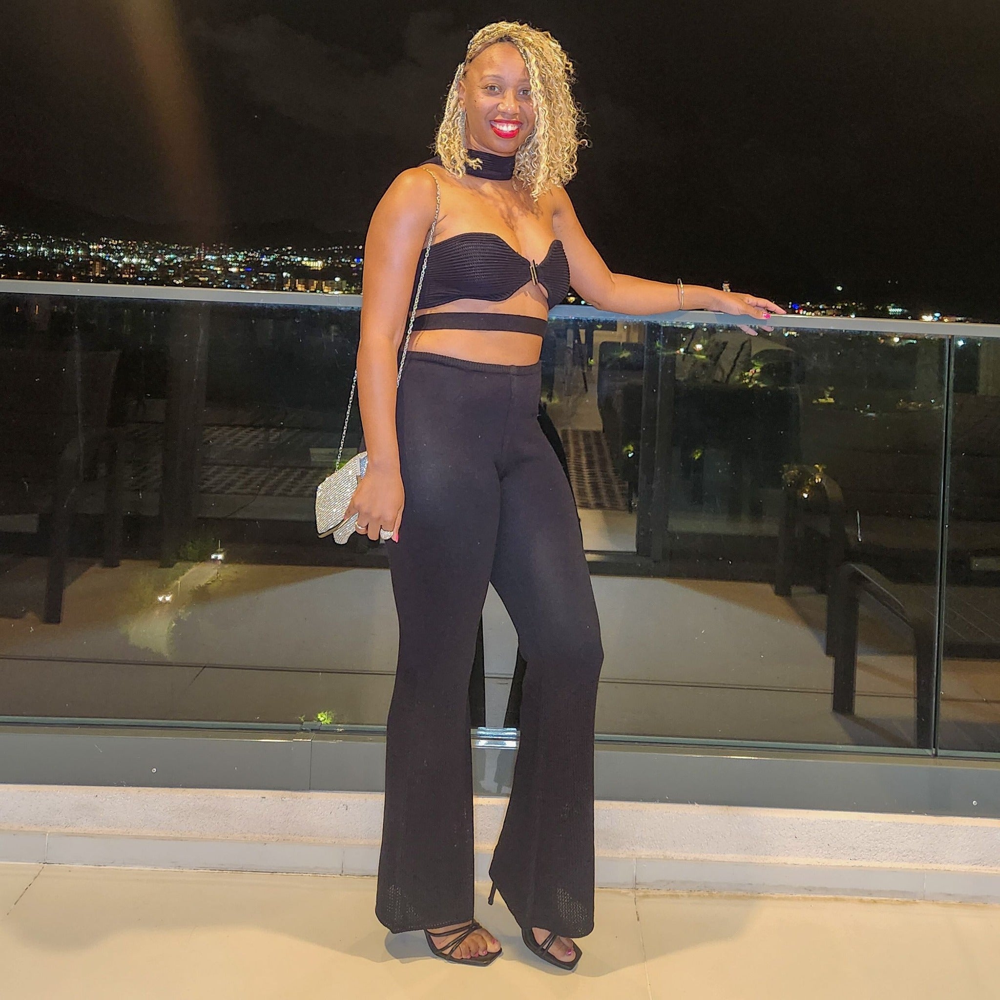 No Invite | Cropped Halter Top and Flare Pant Knit Set