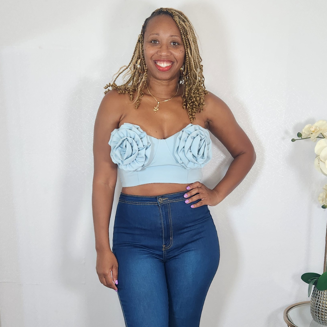 Flower Me | Rosette Bustier Crop Top - Blue