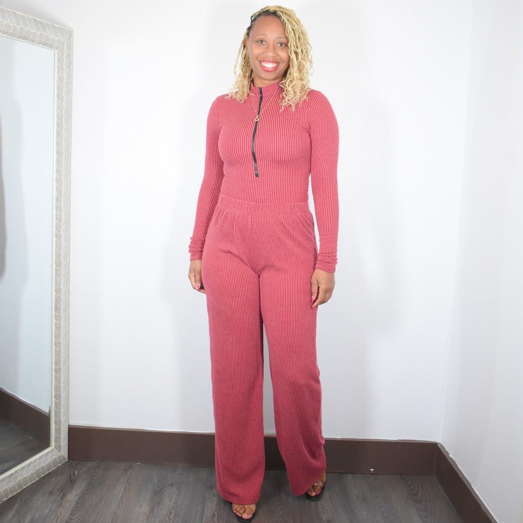 Rib Me Down | Ribbed Jersey Zip Up Bodysuit And Flare Pant Set