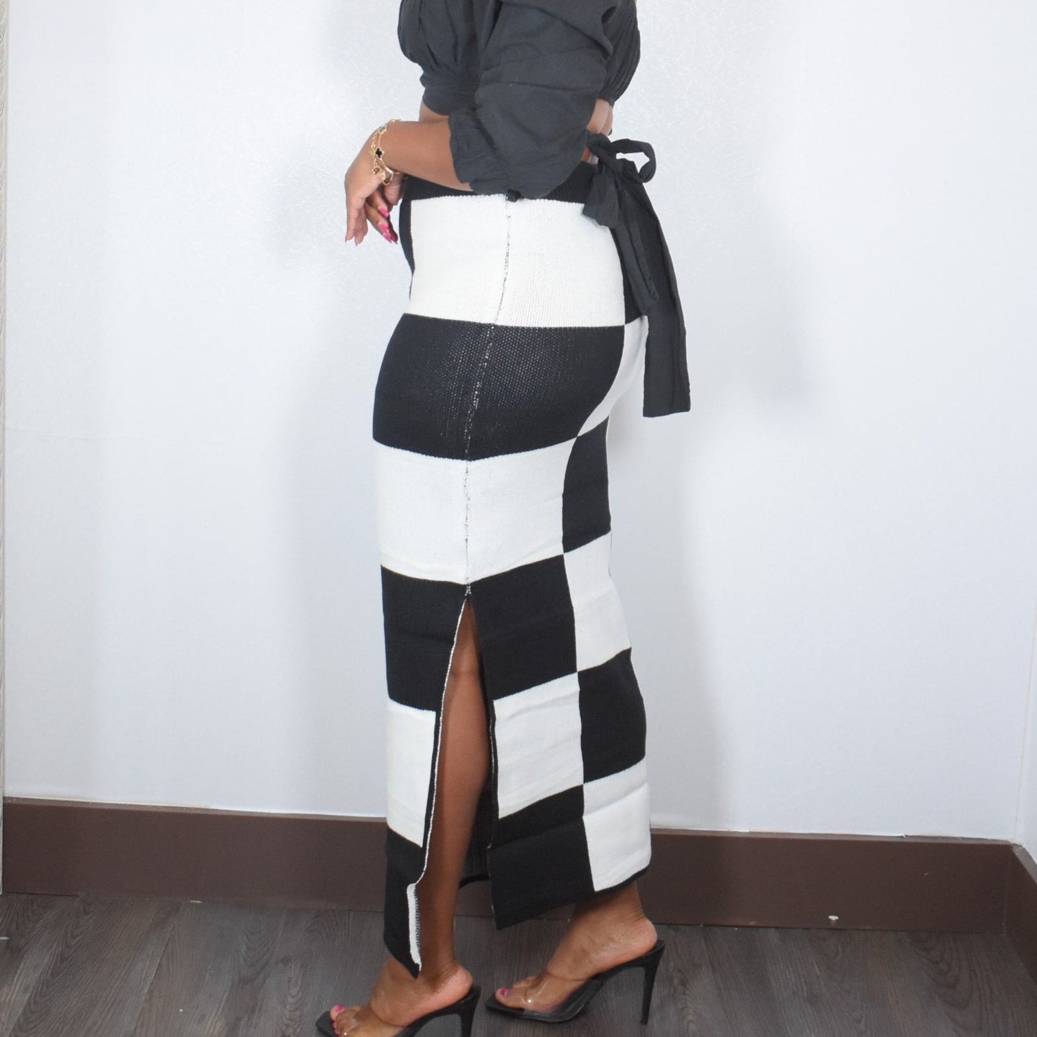 You're Blocked | Checkered High Waist Knit Skirt
