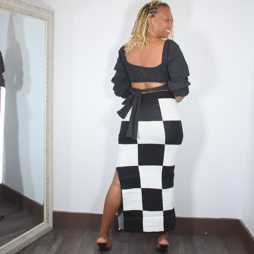 You're Blocked | Checkered High Waist Knit Skirt
