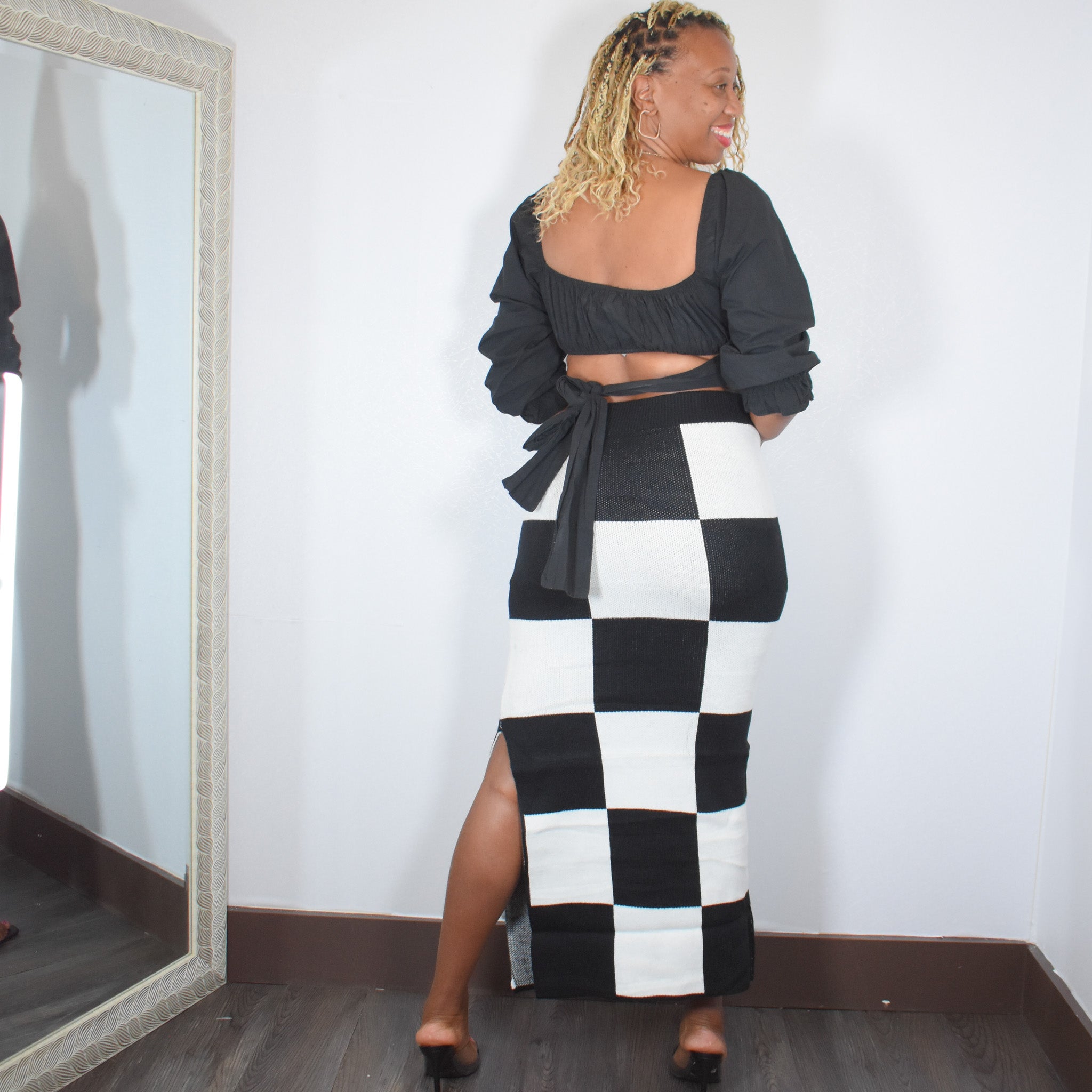 You're Blocked | Checkered High Waist Knit Skirt