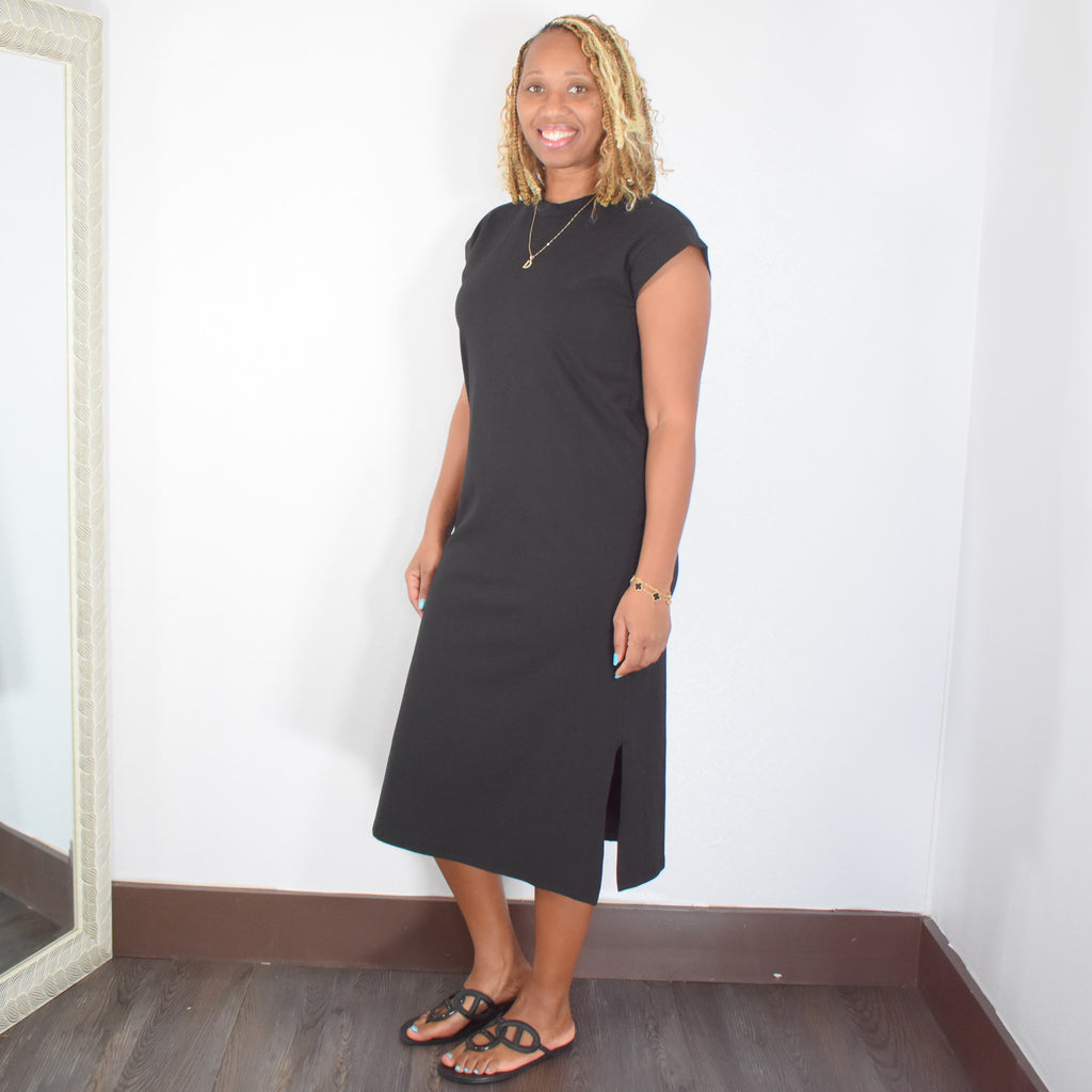 Out & About | Round Neck Short Sleeve Midi Dress - Black