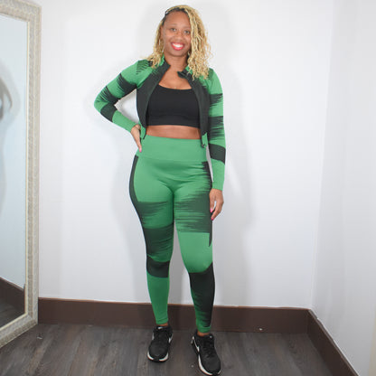 Good Energy | Zip Up Jacket And High Rise Yoga Pant Set - Black/Green