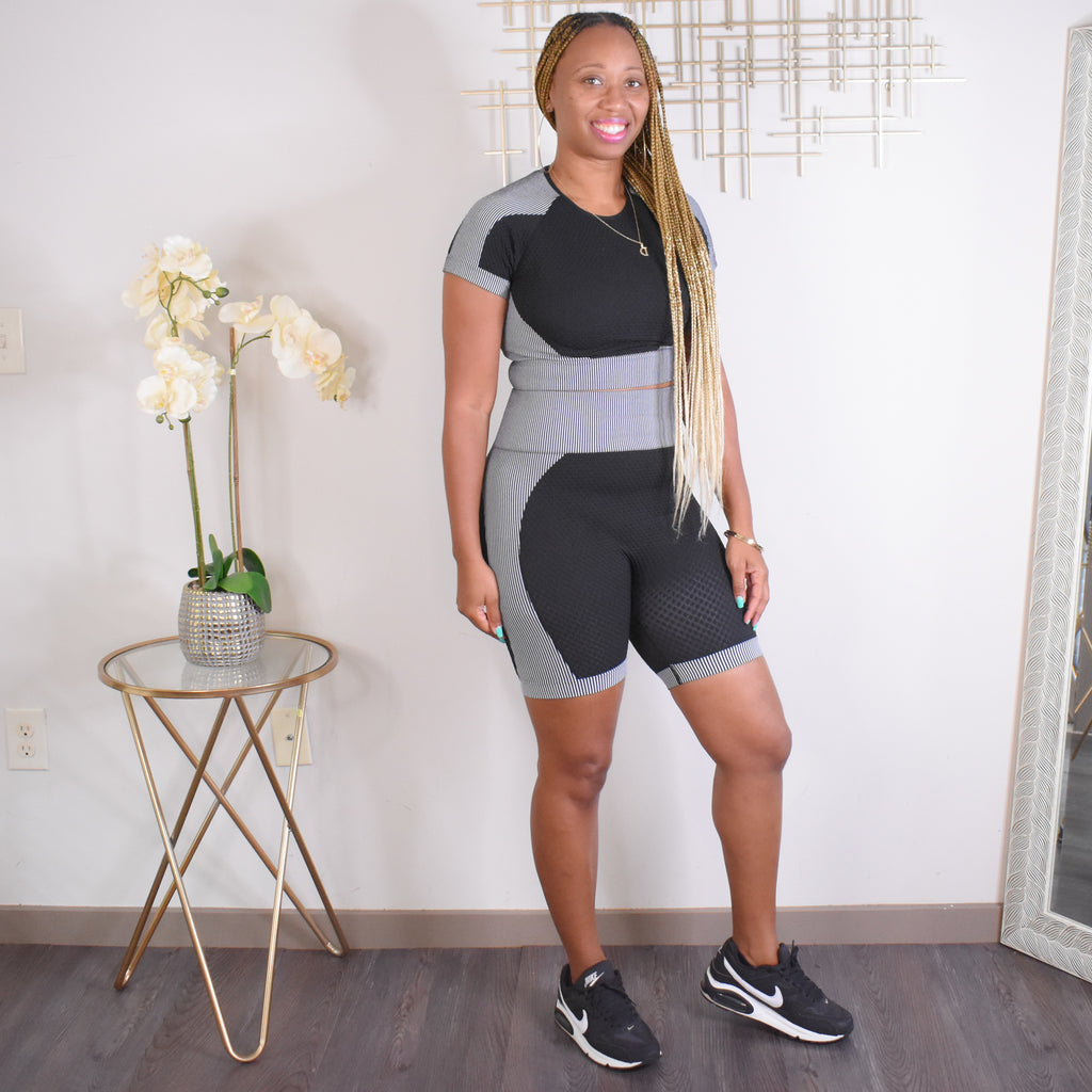 Shawty Active |  Crop Top & Short Activewear Set - Black/White