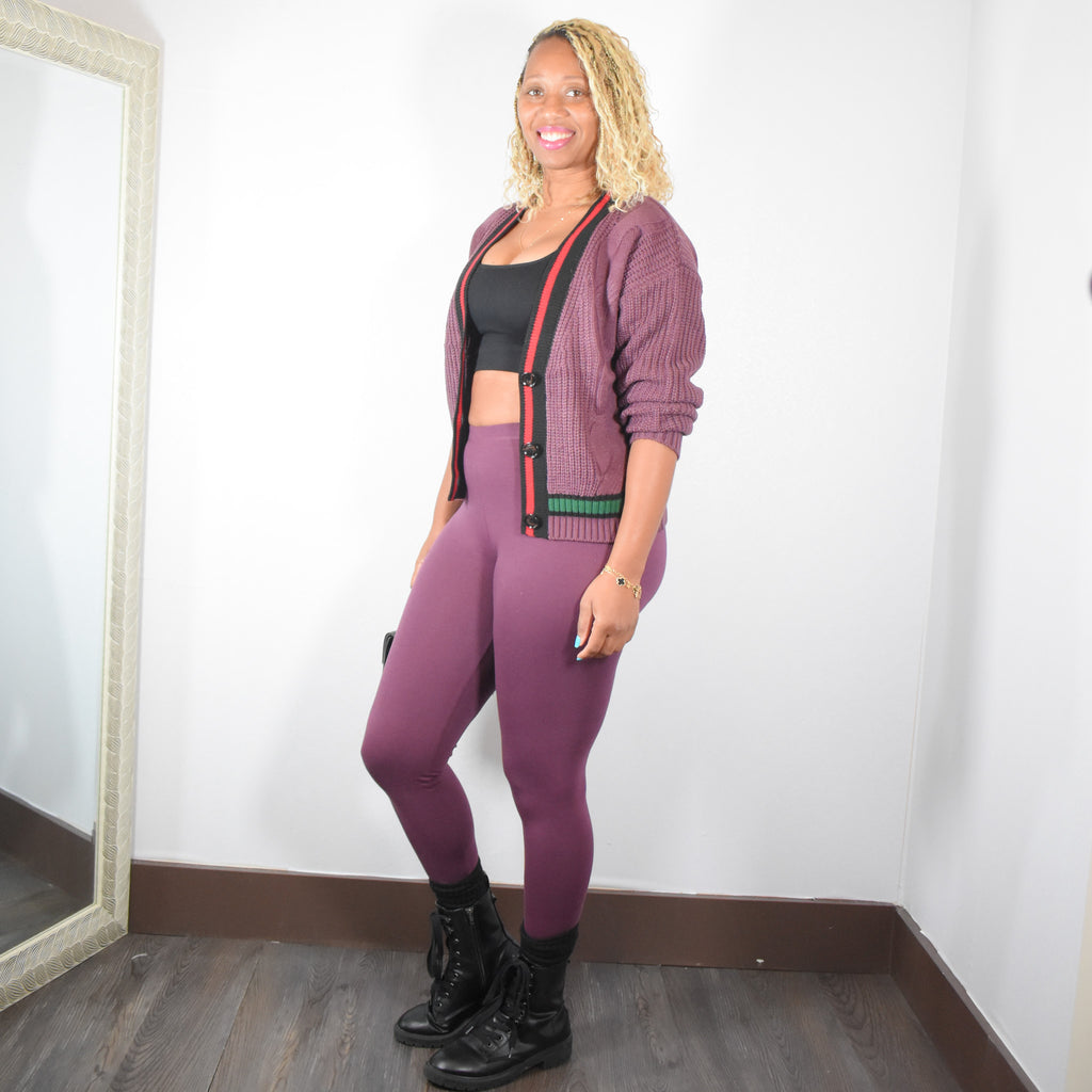 Mix It Up | Cable Knit Cardigan And Legging Set - Eggplant