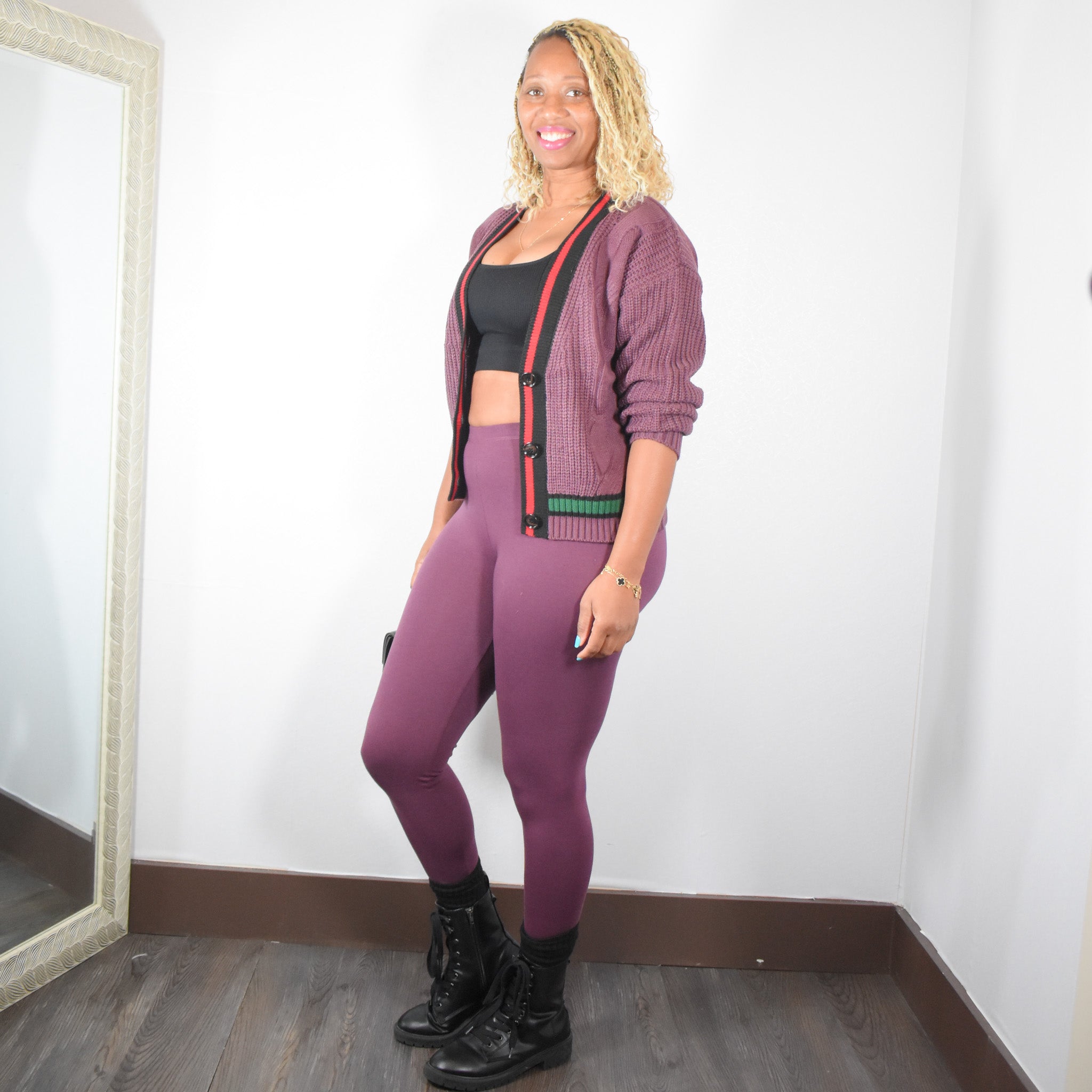 Mix It Up | Cable Knit Cardigan And Legging Set - Eggplant