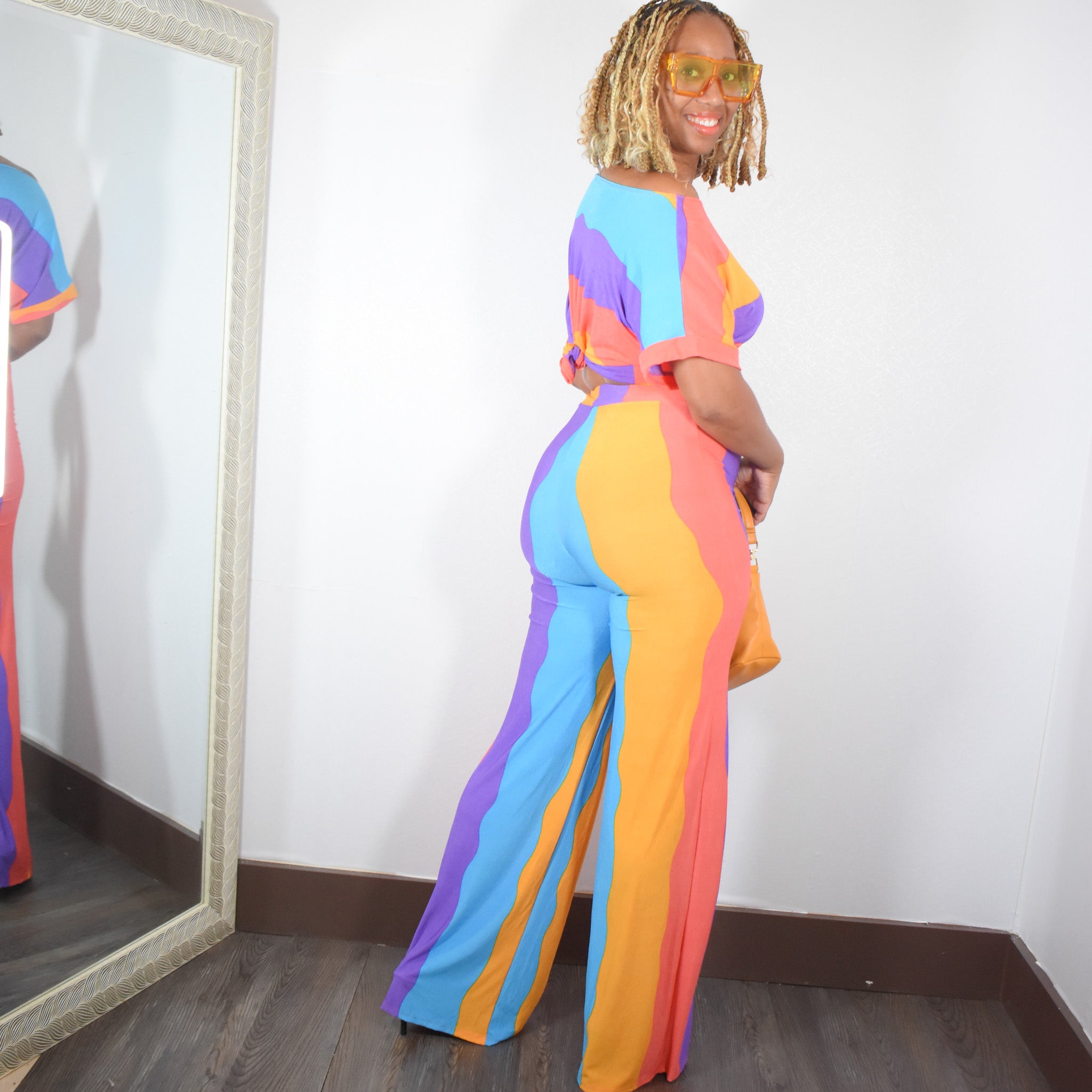 Candy | Multi Color Stripe Crop Top And Pant Set