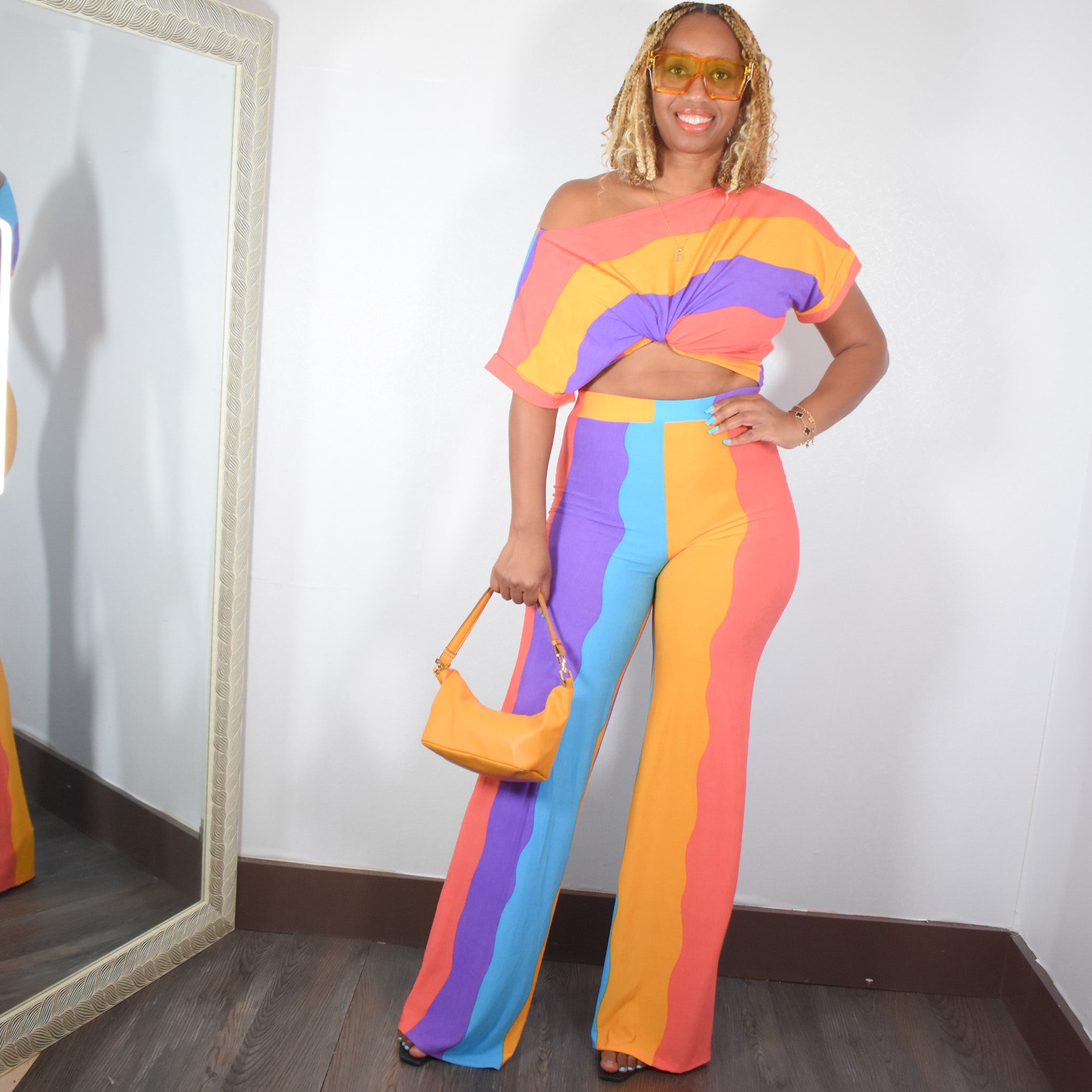 Candy | Multi Color Stripe Crop Top And Pant Set