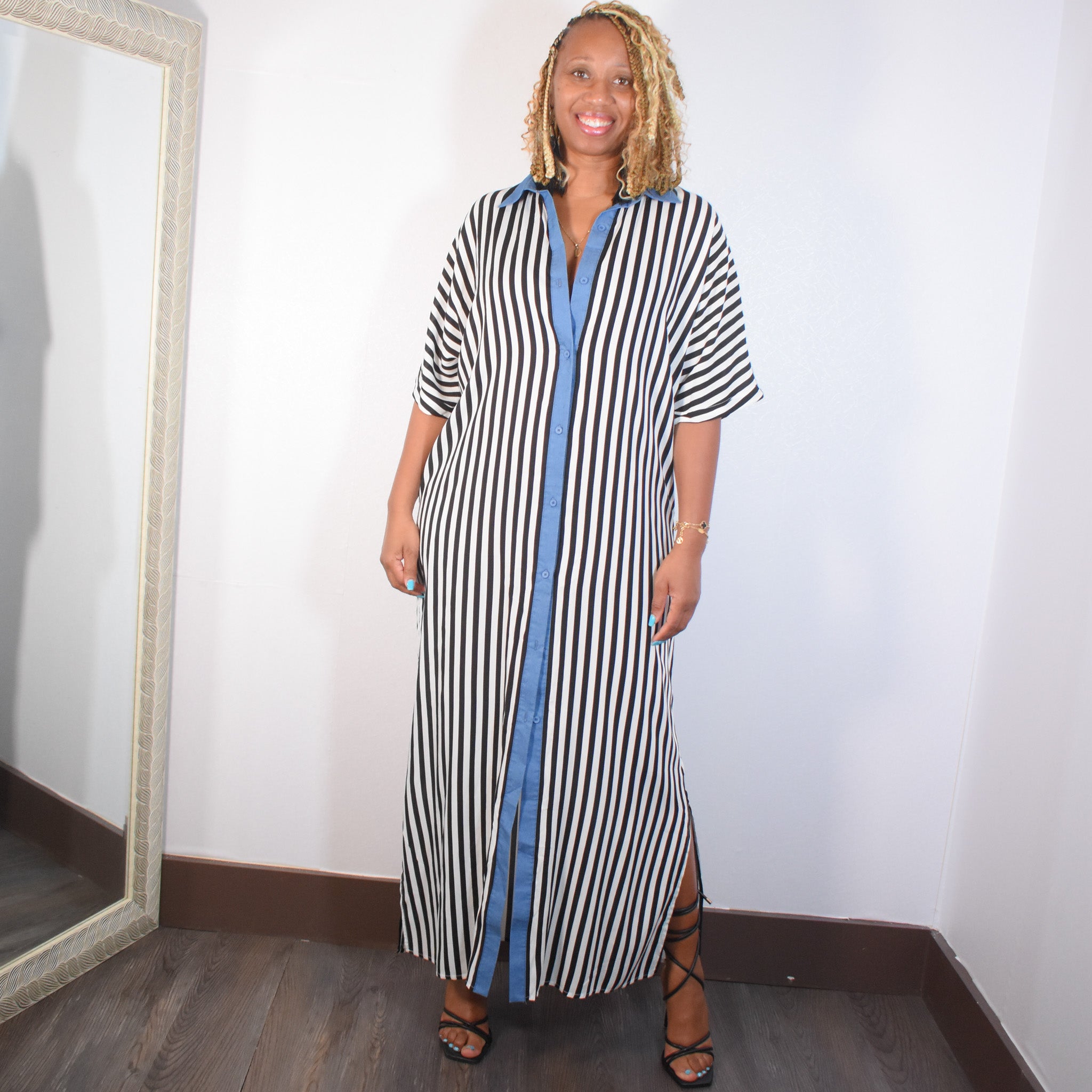 Life's A Breeze | Striped Button Down Shirt Dress - Black