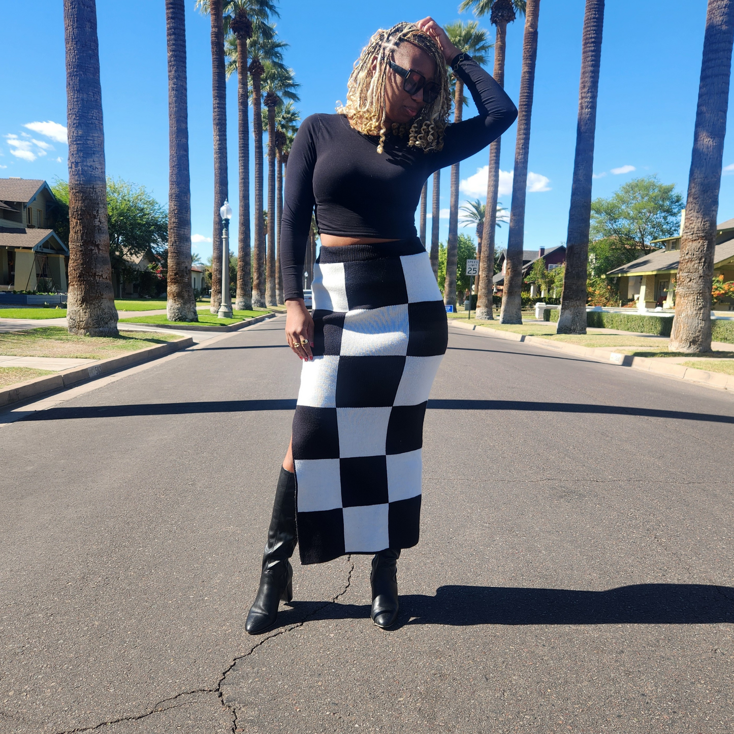 You're Blocked | Checkered High Waist Knit Skirt