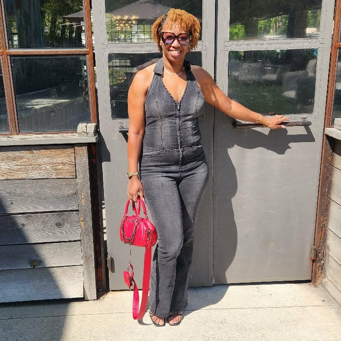Crush Hour | Denim Halter Jumpsuit - Black