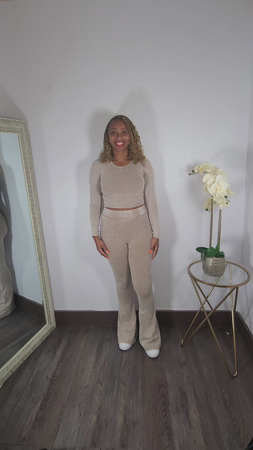 Here Me Out | Mineral Wash Crop Top And Flare Pant Set - Beige