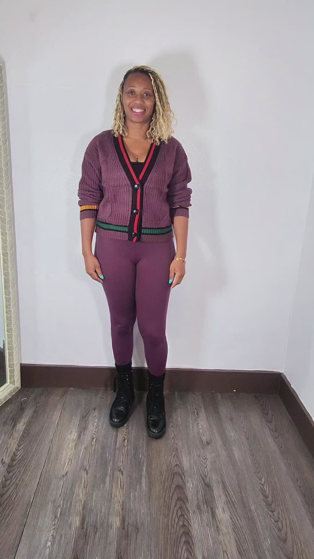 Mix It Up | Cable Knit Cardigan And Legging Set - Eggplant