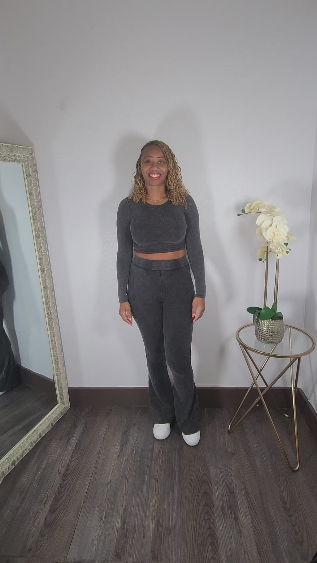 Here Me Out | Mineral Wash Crop Top And Flare Pant Set - Black