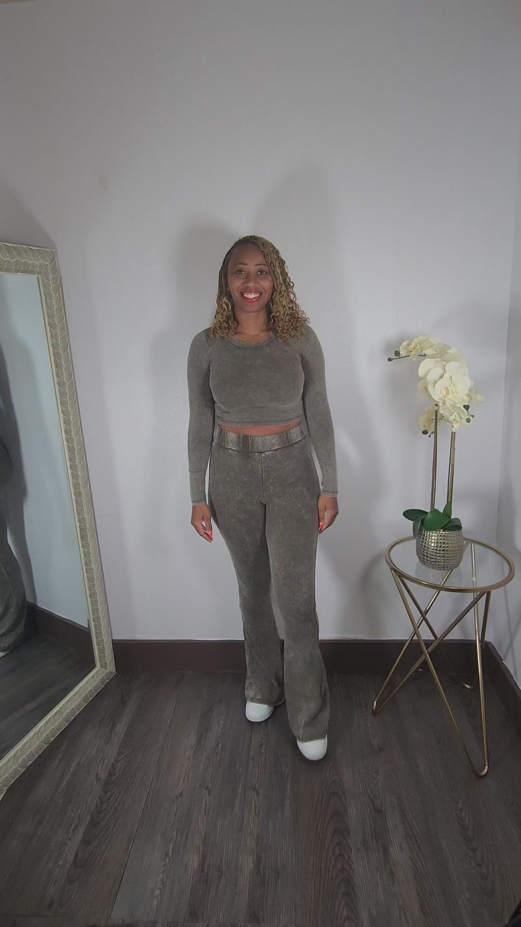 Here Me Out | Mineral Wash Crop Top And Flare Pant Set - Olive