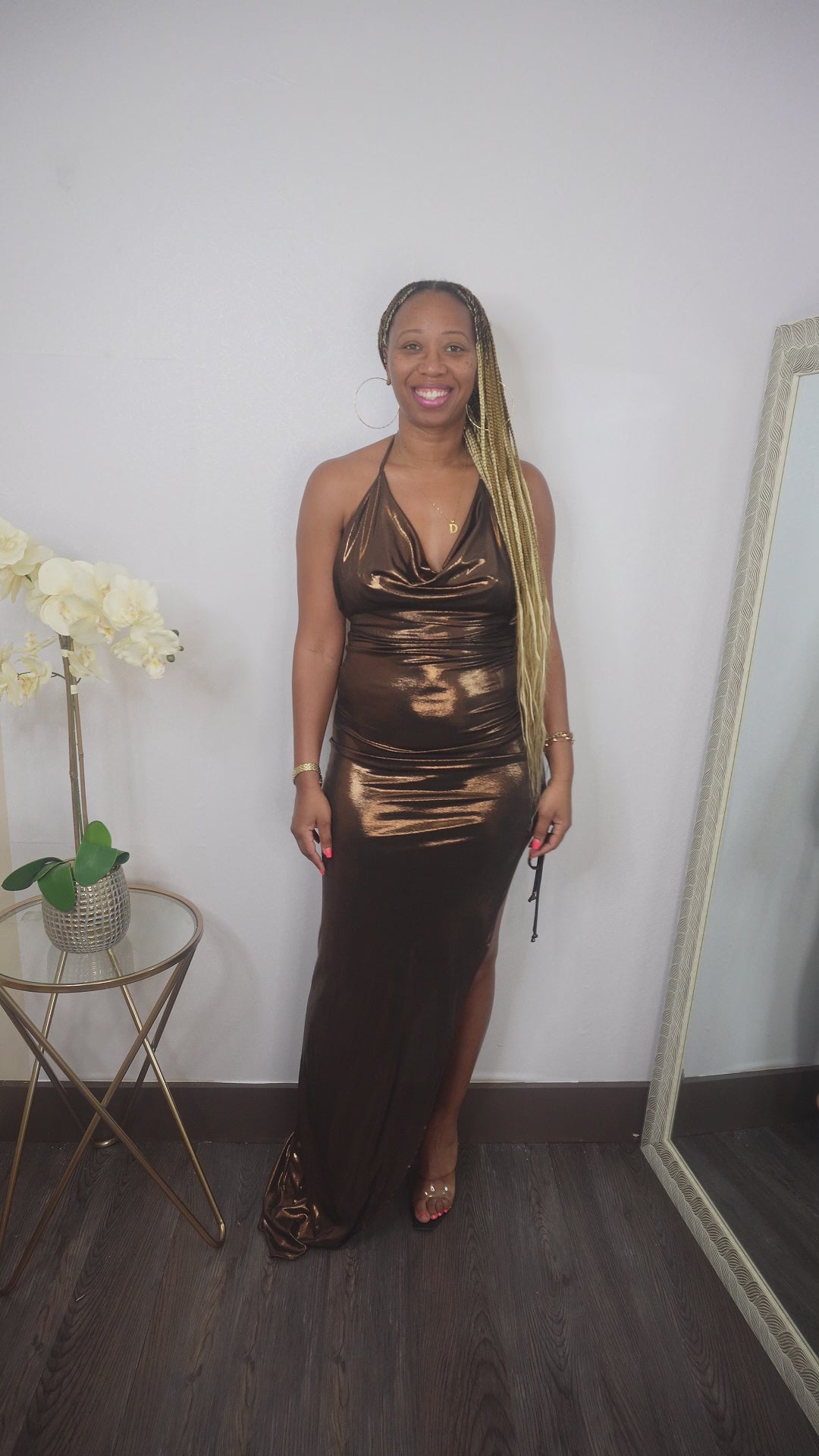 Perfect Night | Bronze Split Thigh Metallic Halter Dress