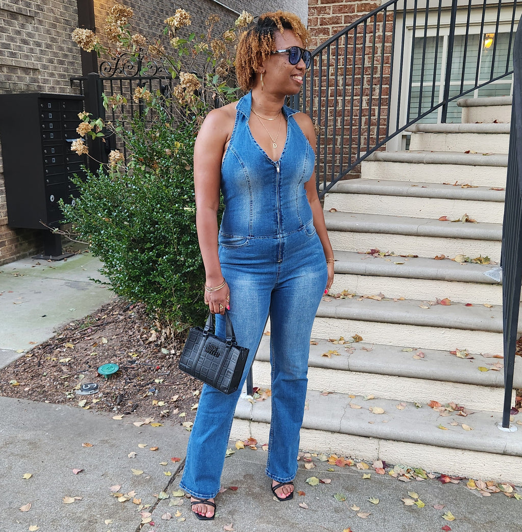 Crush Hour | Denim Halter Jumpsuit - Blue