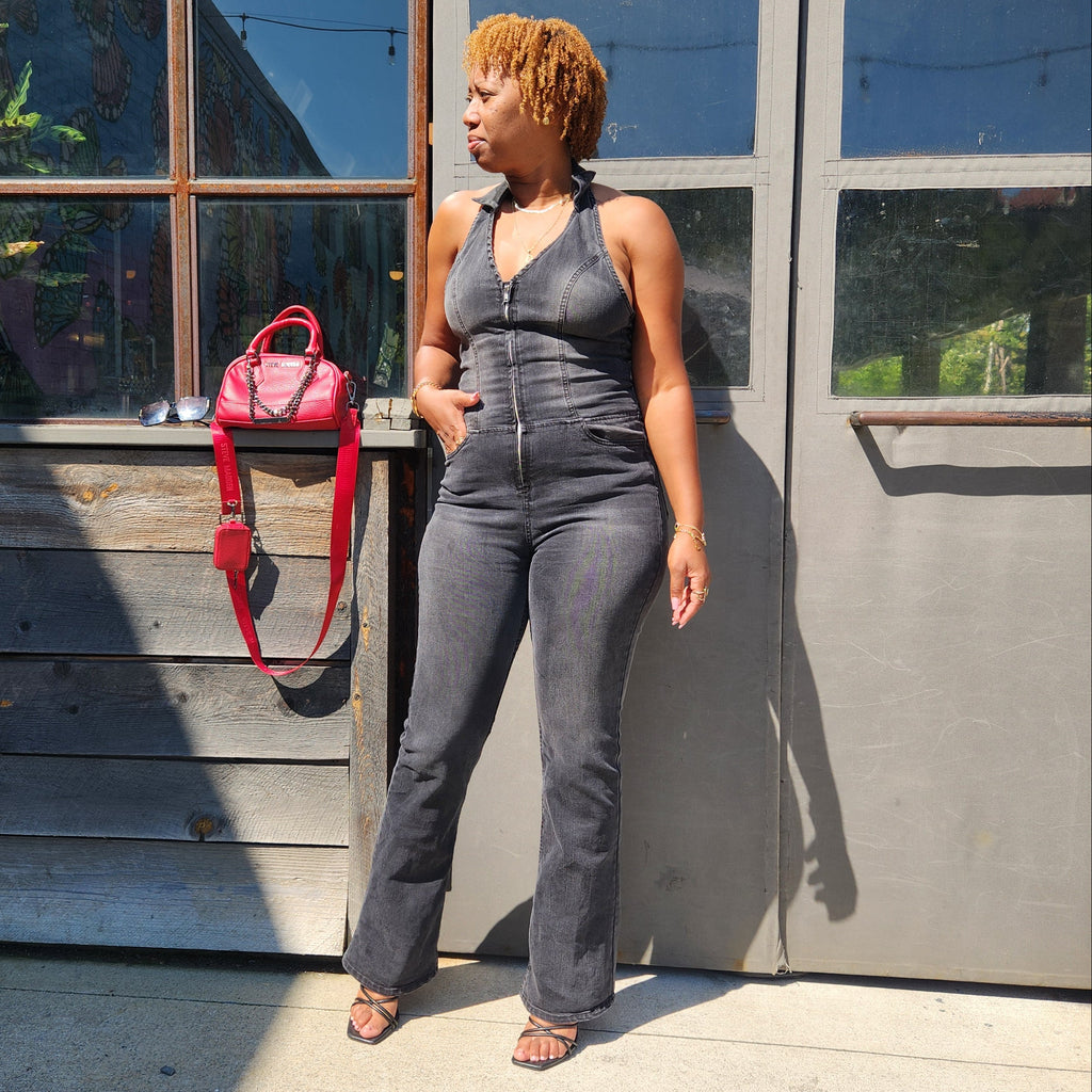 Crush Hour | Denim Halter Jumpsuit - Black