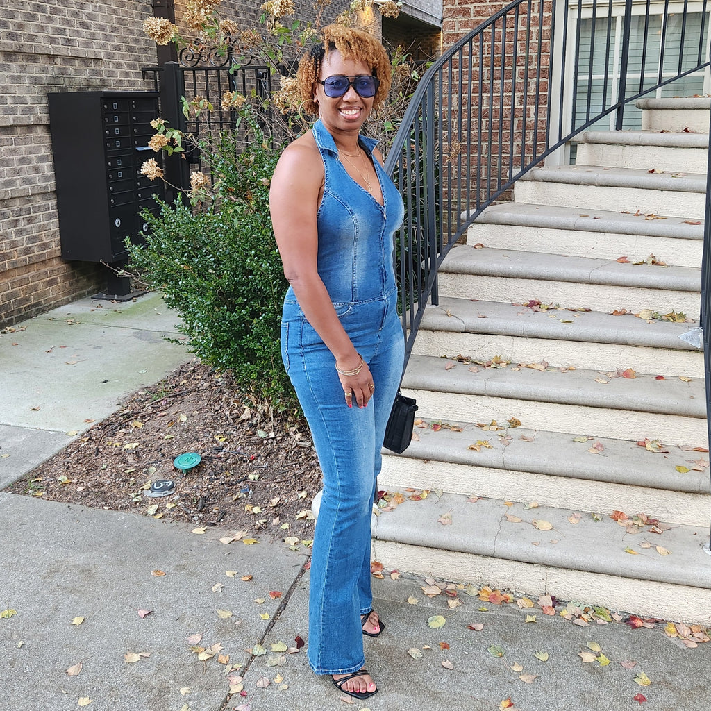 Crush Hour | Denim Halter Jumpsuit - Blue