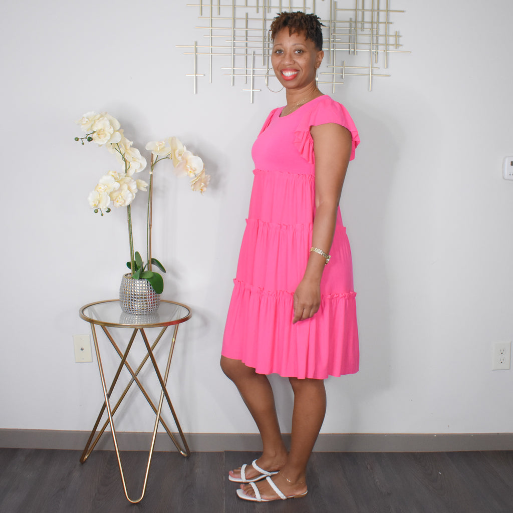 Ruffle My Feathers  | Ruffle Sleeve Tiered Dress - Fuchsia