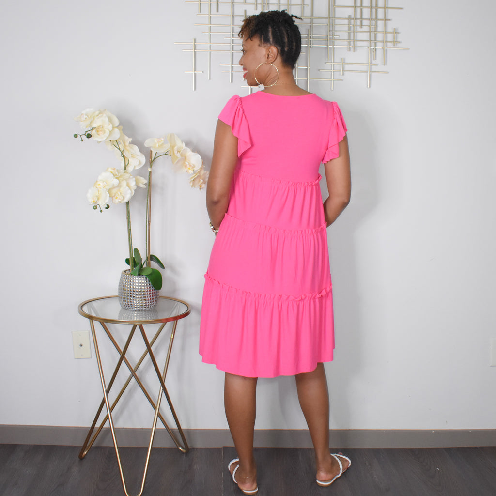 Ruffle My Feathers  | Ruffle Sleeve Tiered Dress - Fuchsia