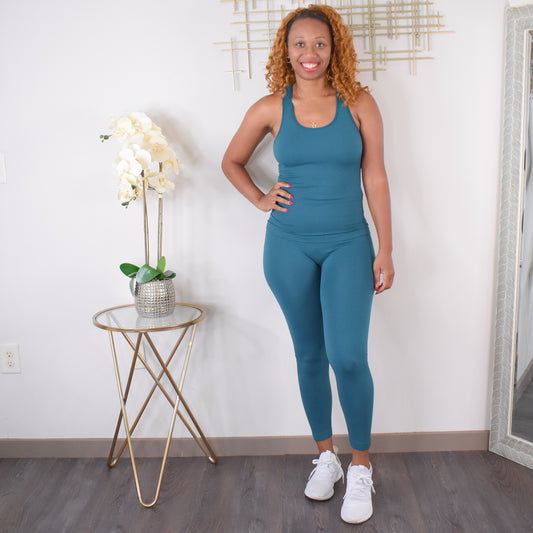 Totally Ribbed  | Seamless Tank Top and Legging Set - Teal Green