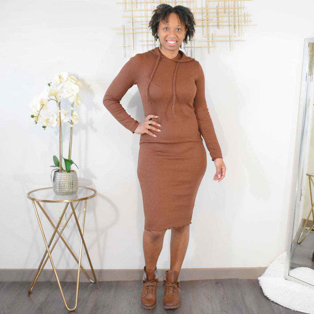 Ribbed Knit | Midi Dress - Brown